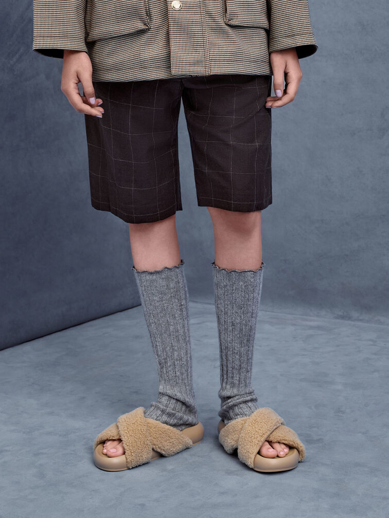 Lumi Faux Shearling Crossover-Strap Slide Sandals, Brown, hi-res