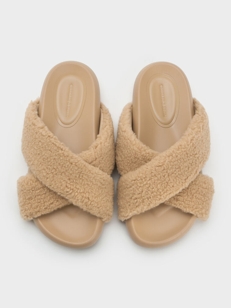 Lumi Faux Shearling Crossover-Strap Slide Sandals, Brown, hi-res
