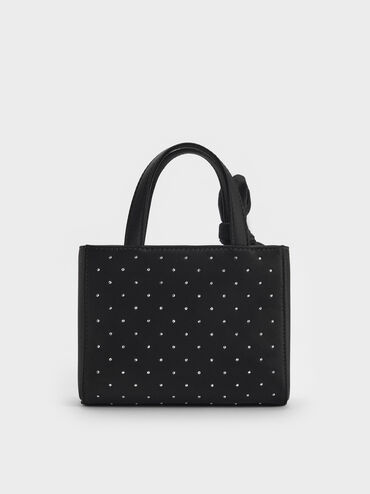 Satin Studded Knotted-Bow Mini Bag, Noir Studded Satin, hi-res