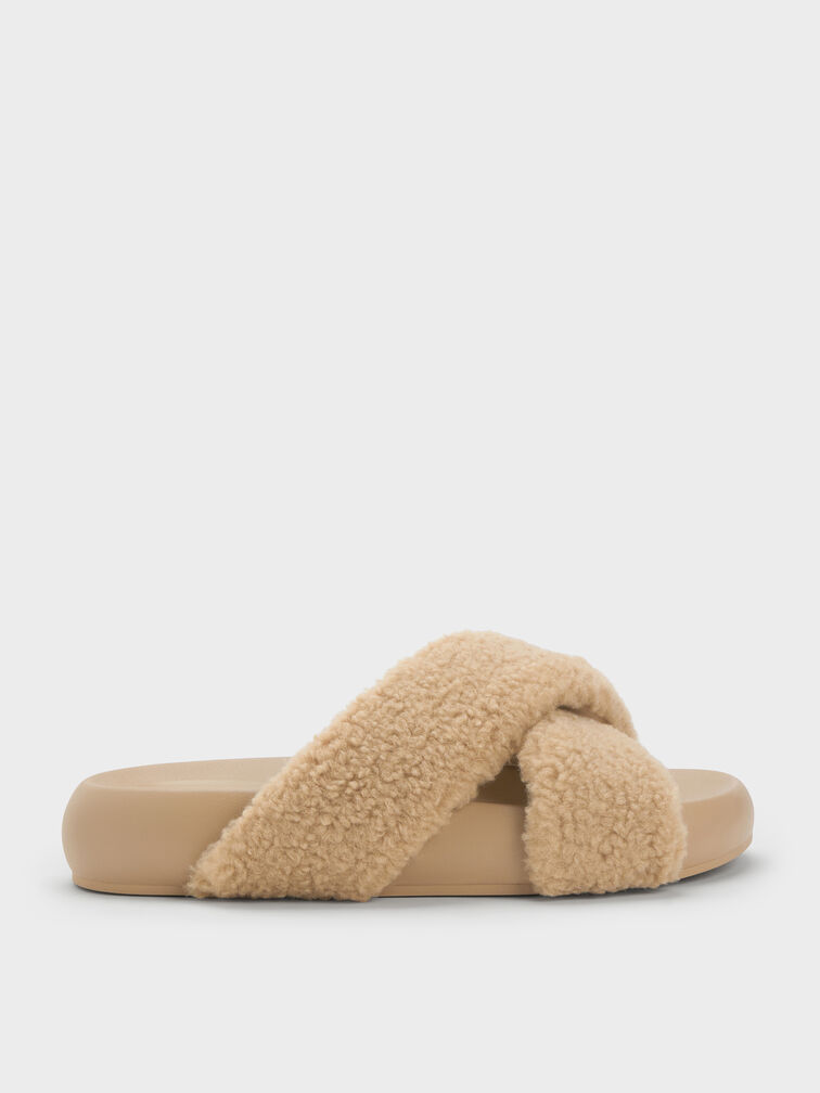 Lumi Faux Shearling Crossover-Strap Slide Sandals, Brown, hi-res