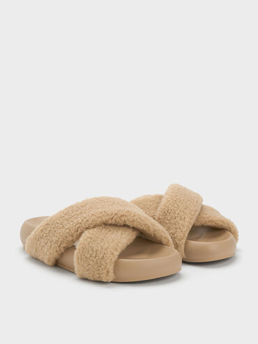 Lumi Faux Shearling Crossover-Strap Slide Sandals, Brown, hi-res