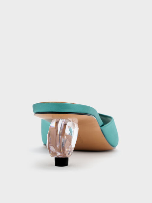 Satin Crystal-Heel Mules, Teal, hi-res
