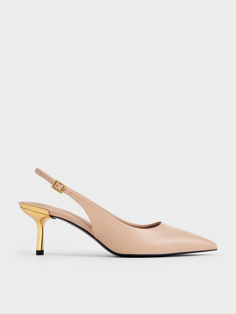Metallic Kitten-Heel Slingback Pumps, Nude, hi-res
