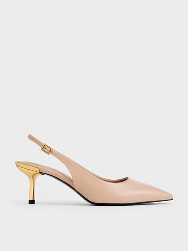 Metallic Kitten-Heel Slingback Pumps, Nude, hi-res