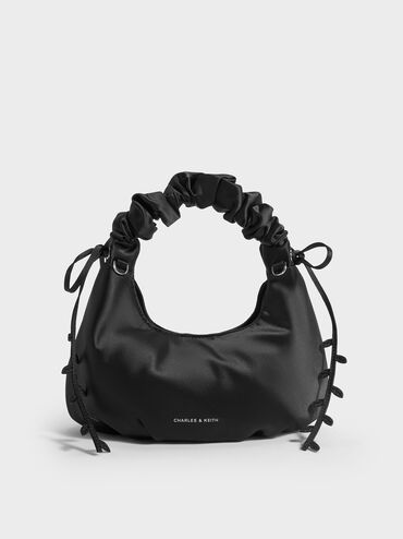 Mabel Satin Floral-Vine Hobo Bag, Noir, hi-res