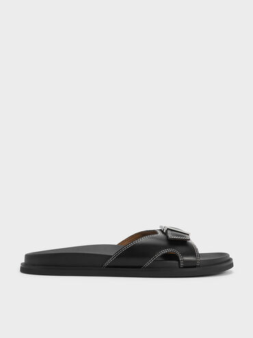 Stitch-Trim Buckled Slides, Black, hi-res