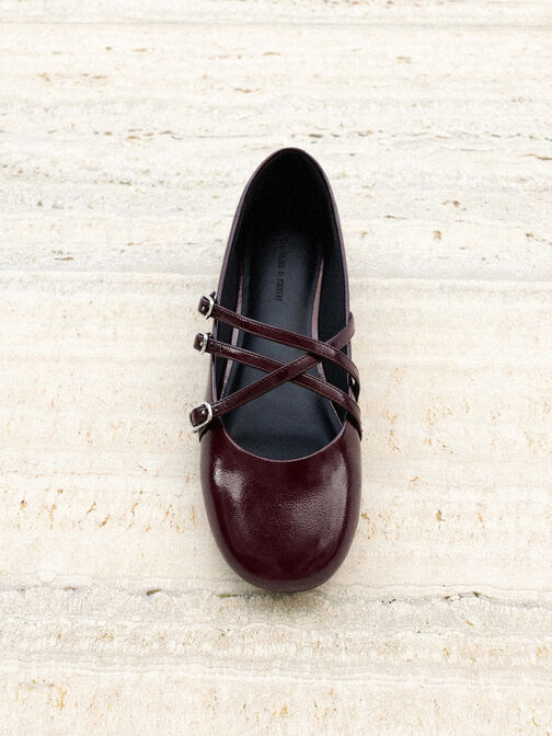 Patent Triple-Strap Crossover Mary Jane Flats, Burgundy, hi-res