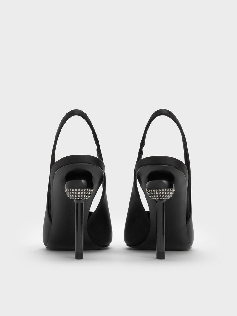 حذاء ميول ساتان مزين بالكريستال بكعب كروي ومقدمة مدببة مع حزام خلفي, أسود خشن, hi-res