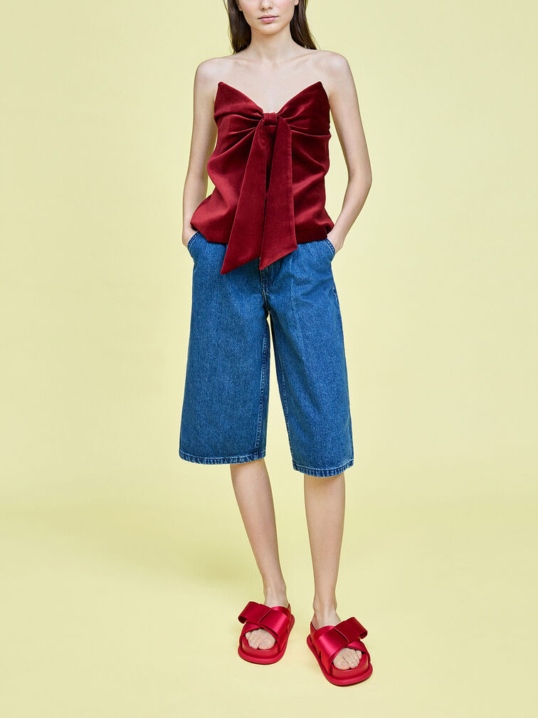 Satin Bow Flatform Sandals, Red, hi-res