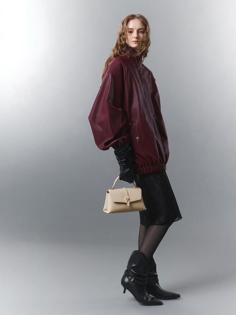 شنطة يد أدالين بمشبك معدني وحزام سلسلة, بيج مخملي, hi-res