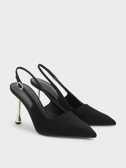 Faux Suede Sculptural-Heel Pointed Pumps, Black Textured, hi-res