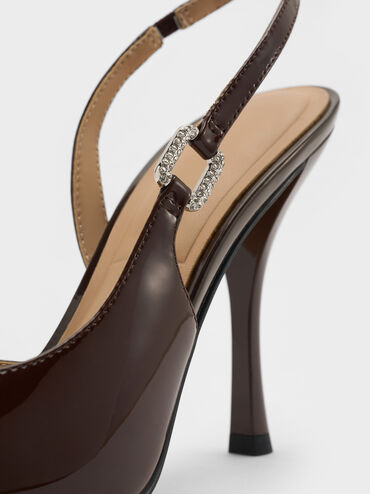 Patent Leather Crystal-Buckle Slingback Pumps, Dark Brown, hi-res