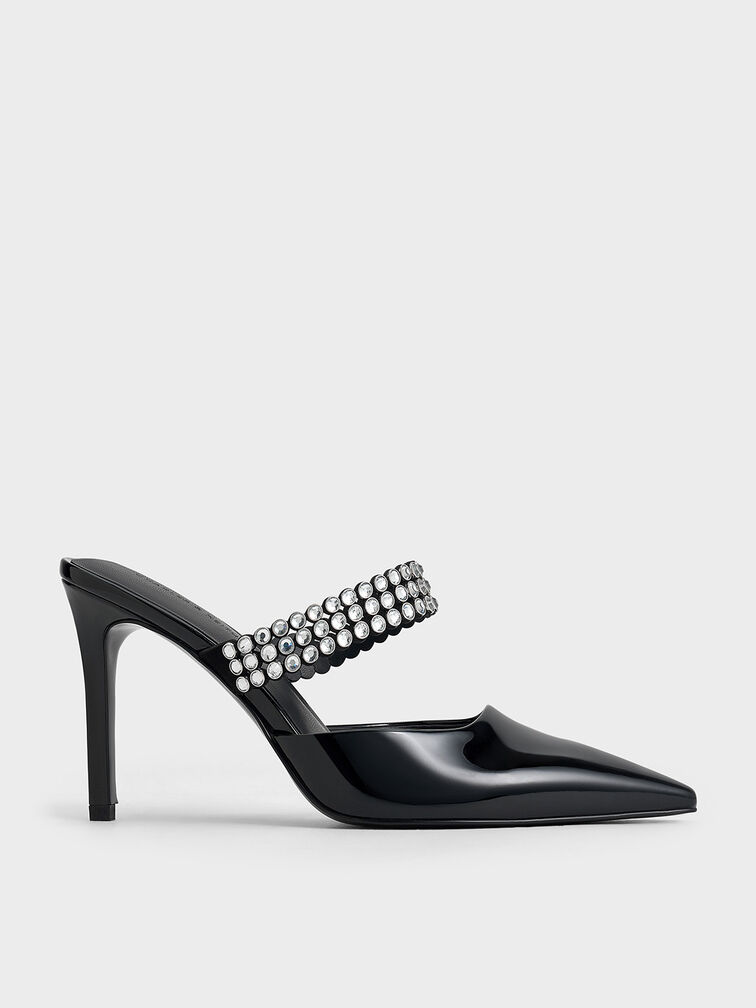 Patent Crystal-Embellished Heeled Mules, Black Patent, hi-res