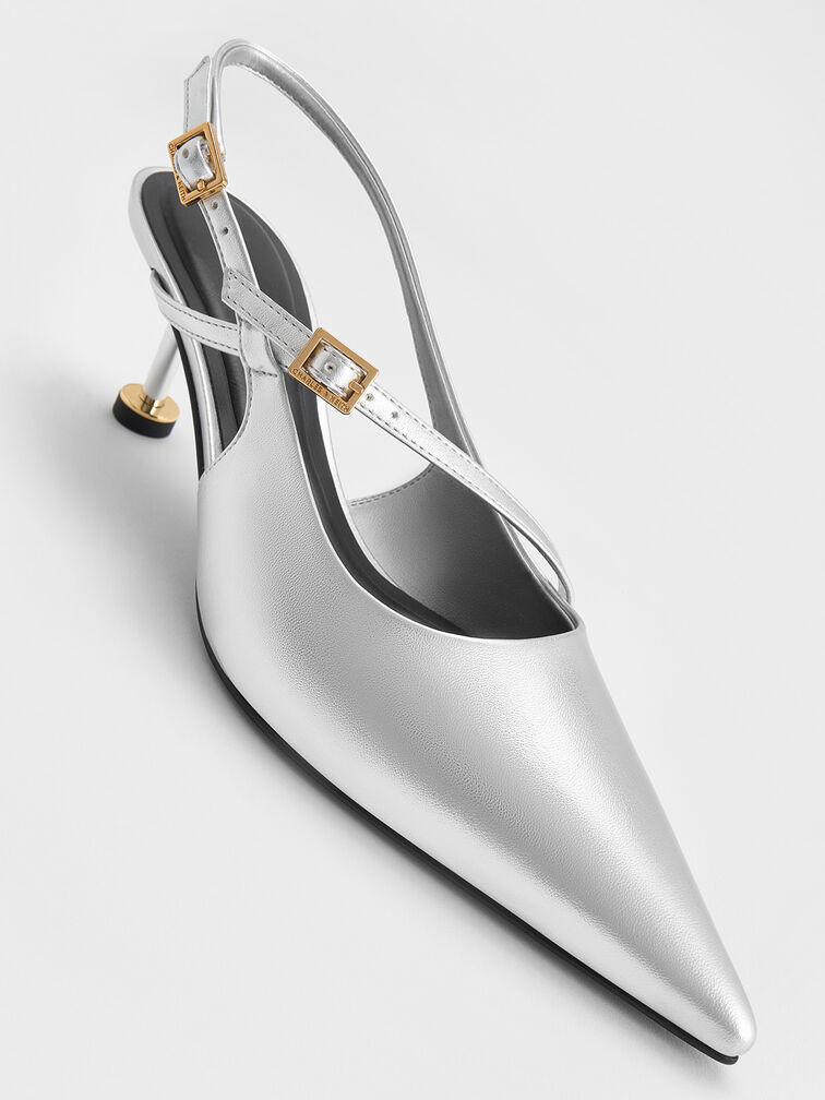 حذاء بامبس وين سلينجباك بكعب منحوت وإبزيم معدني, فضي, hi-res