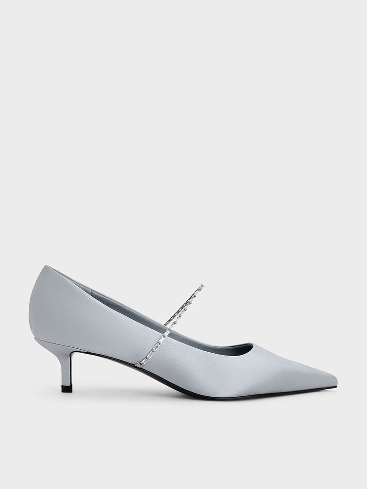 Satin Embellished-Strap Pointed-Toe Pumps, Blue, hi-res