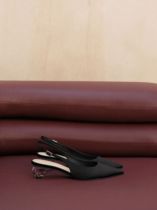 Pointed Crystal-Heel Slingback Pumps, Black Textured, hi-res