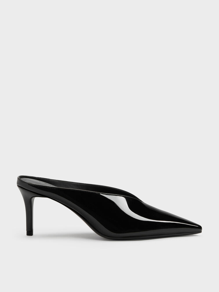 Patent Pointed Heeled Mules, Black Patent, hi-res
