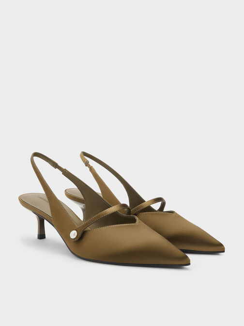 Helena Satin Pearl Slingback Kitten Heels, Olive, hi-res