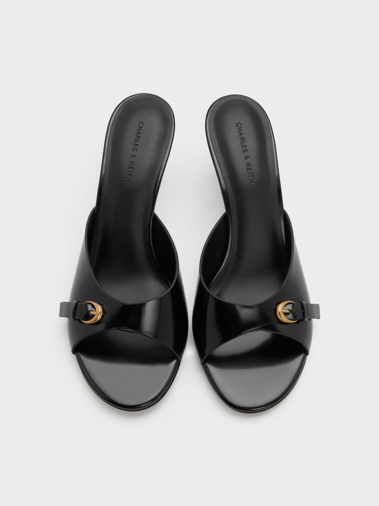 Buckled-Strap Heeled Mules, Black Boxed, hi-res