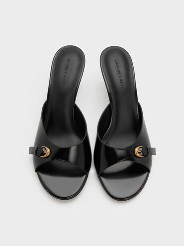 Buckled-Strap Heeled Mules, Black Boxed, hi-res