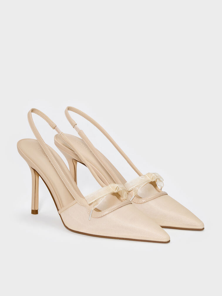 Venetia Mesh Bow Pointed Slingback Pumps, Nude, hi-res