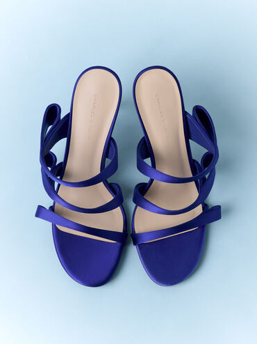 Satin Triple Pleated-Strap Stiletto Heels, Blue, hi-res