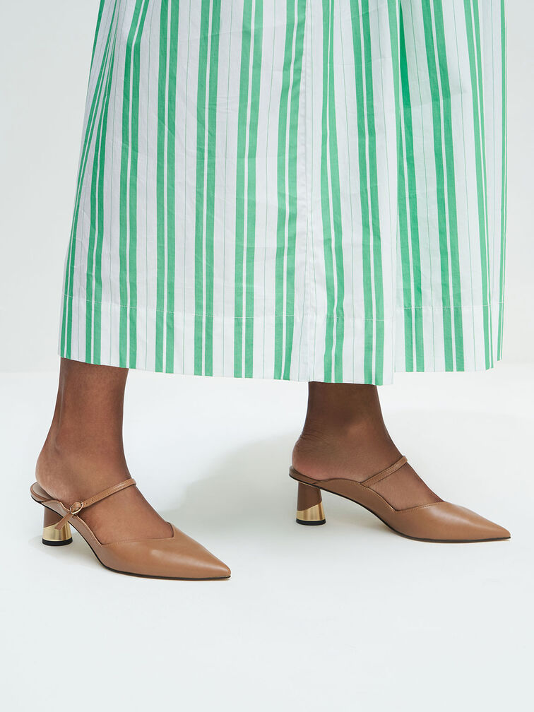 Cammie Metallic Sculptural Heel Mules, Camel, hi-res