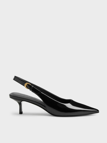 Pointed Slingback Kitten Heels, Black Boxed, hi-res