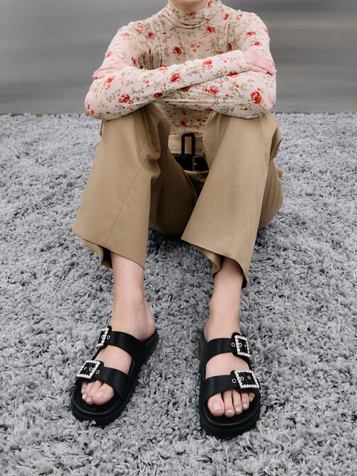 Gem-Buckle Double-Strap Sandals, Black Textured, hi-res