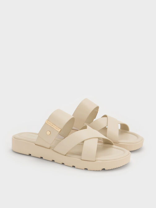 صنادل سلايد بأحزمة متقاطعة ولمسة معدنية, أبيض طباشيري, hi-res