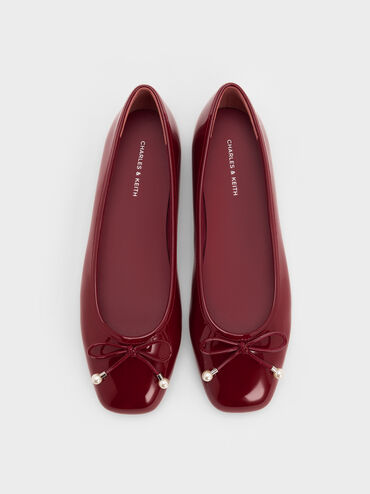 Barbara Patent Pearl-Bow Ballet Flats, Red, hi-res