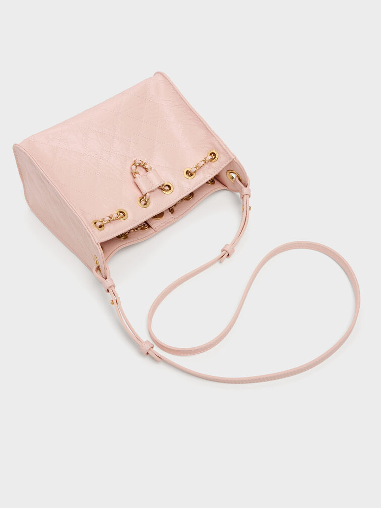 Duo Quilted Drawstring Bucket Bag, Soft Pink, hi-res