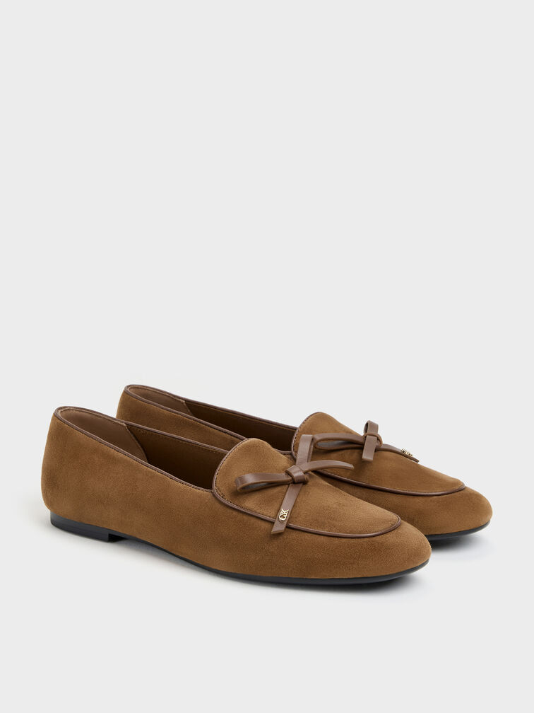 Leather & Suede Bow Loafers, Brown, hi-res
