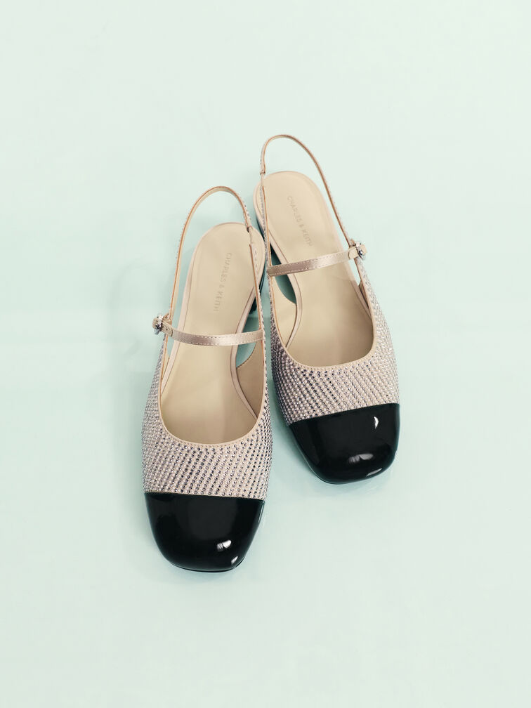 Pearl-Crystal Cap-Toe Mary Jane Flats, Gold, hi-res