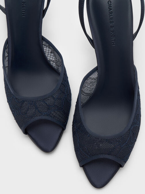 حذاء بكعب عالٍ من الدانتيل والساتان بمقدمة مفتوحة, أزرق داكن, hi-res