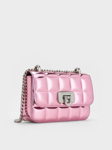 حقيبة مبطنة بنمط مربعات ومقبض على شكل سلسلة ولون معدني, وردي, hi-res