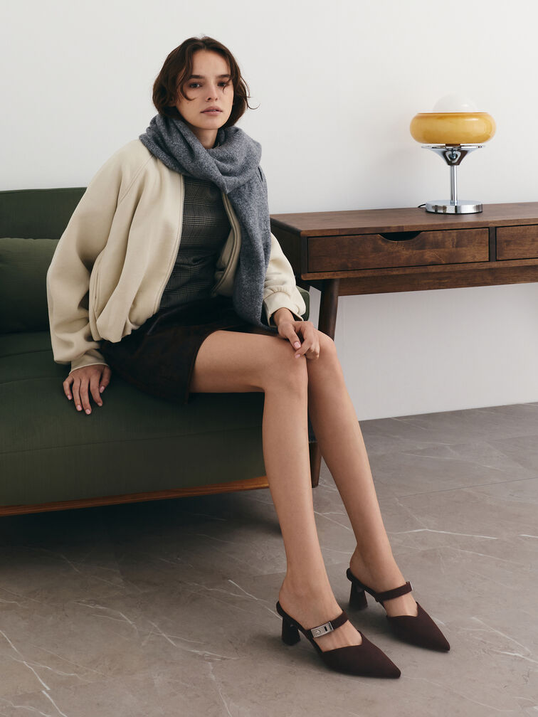 Lando Faux Suede Heeled Mules, Dark Brown Textured, hi-res