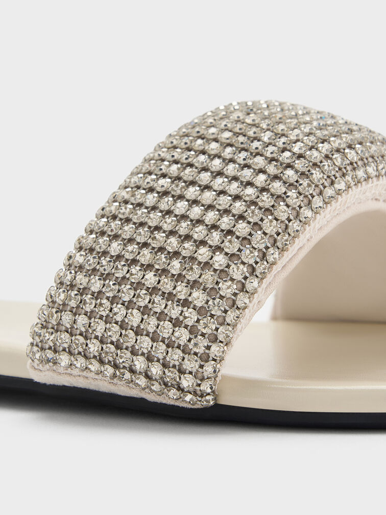Faux Suede Crystal Slide Sandals, Chalk, hi-res