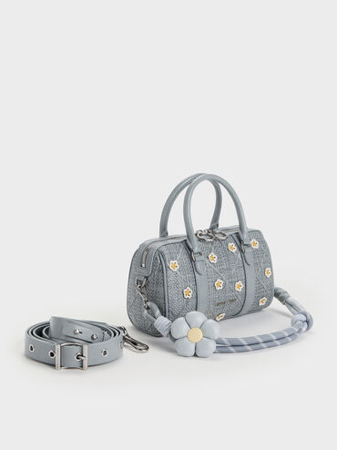 Philomena Raffia Flower Bowling Bag, Misty Blue, hi-res