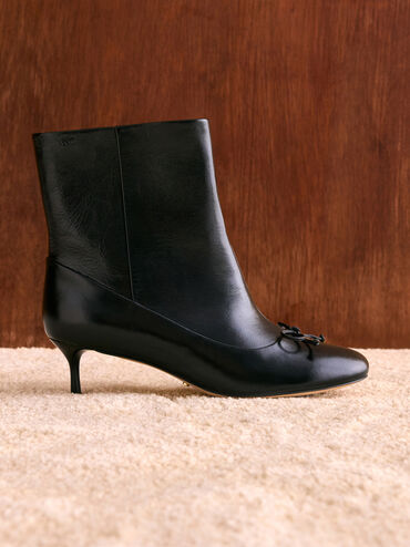 Aretha Leather Bow Kitten-Heel Calf Boots, Black, hi-res