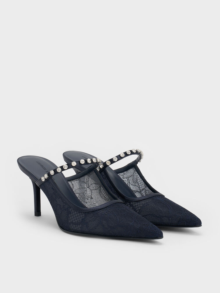 حذاء بكعب مرتفع مفتوح من الخلف (مولز) من الدانتيل والساتان  مطعم بالكريستال, أزرق داكن, hi-res