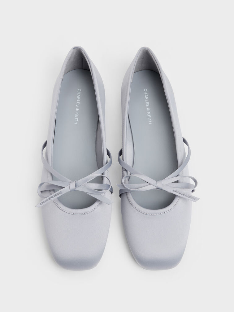 Satin Bow Ballet Flats, Grey, hi-res