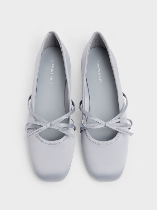 Satin Bow Ballet Flats, Grey, hi-res