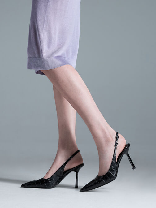 حذاء بامبس بكعب عالٍ سلينجباك مدبب بنقشة جلد التمساح, أسود حيواني, hi-res