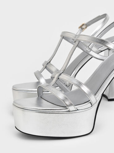Metallic T-Bar Strappy Platform Sandals, Silver, hi-res