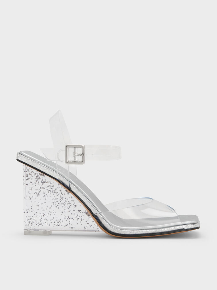 See-Through Speckled-Heel Wedges, White, hi-res