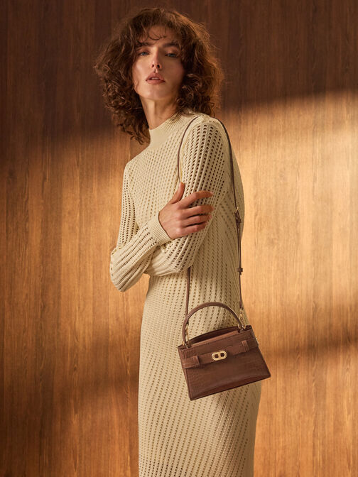 Aubrielle Croc-Effect Belted Top Handle Bag, Chocolate Croco, hi-res