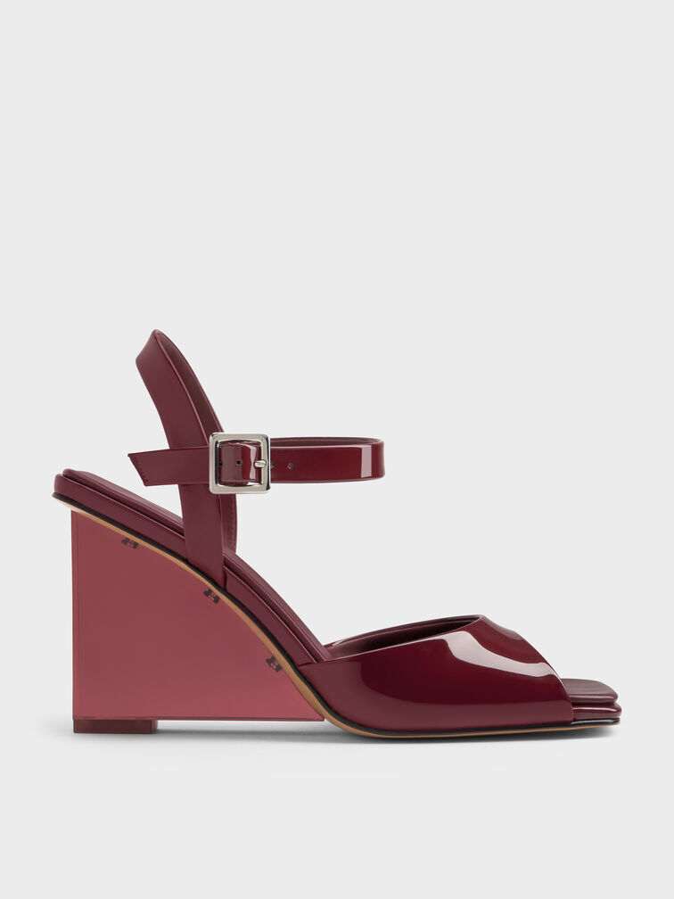 Patent Translucent-Heel Wedges, Burgundy, hi-res