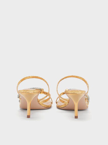 Textured Gem-Embellished Strappy Heeled Sandals, Gold, hi-res