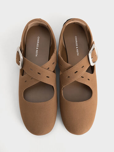 Faux Suede Crossover-Strap Mary Janes, Brown, hi-res
